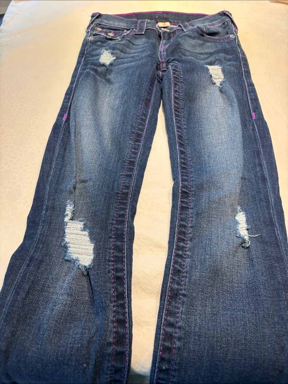 True Religion Skinny Jeans in Dark Blue with Purple Stitching - Picture 5 of 11